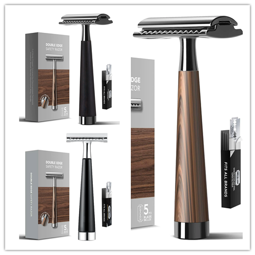 Double Edge Safety Razor, Faux Wood Zinc Alloy Handle Razor with 5 Swiss Stainless Steel Blades, Heavy Duty Eco-Friendly Razor f