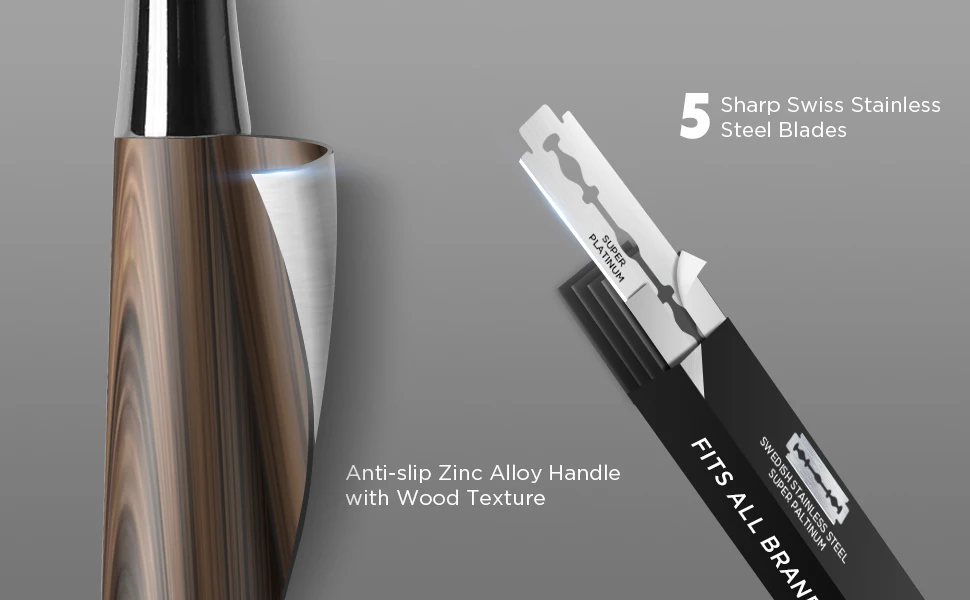 Double Edge Safety Razor, Faux Wood Zinc Alloy Handle Razor with 5 Swiss Stainless Steel Blades, Heavy Duty Eco-Friendly Razor f