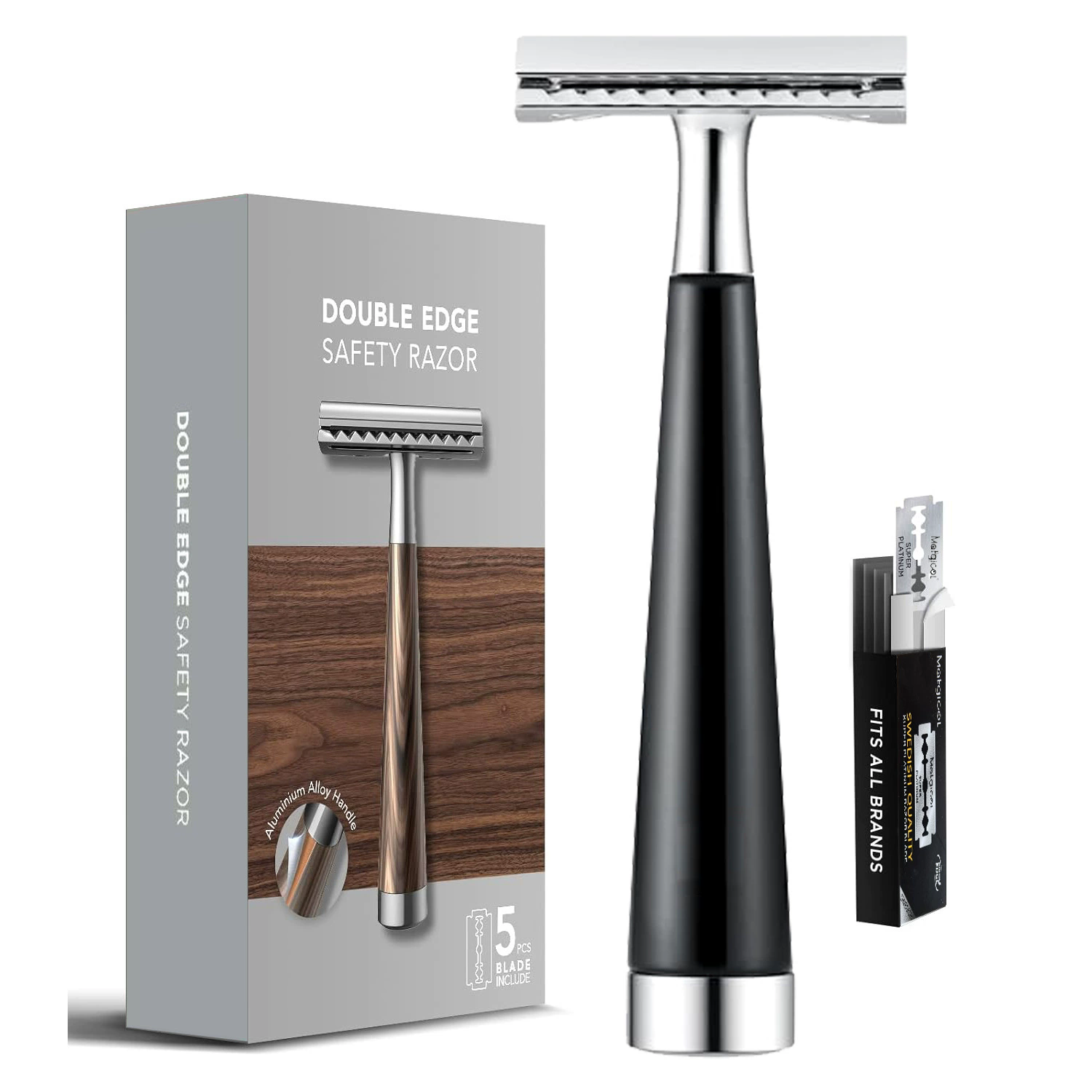 Double Edge Safety Razor, Faux Wood Zinc Alloy Handle Razor with 5 Swiss Stainless Steel Blades, Heavy Duty Eco-Friendly Razor f