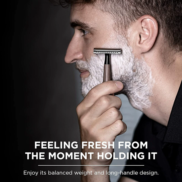 Double Edge Safety Razor, Faux Wood Zinc Alloy Handle Razor with 5 Swiss Stainless Steel Blades, Heavy Duty Eco-Friendly Razor f