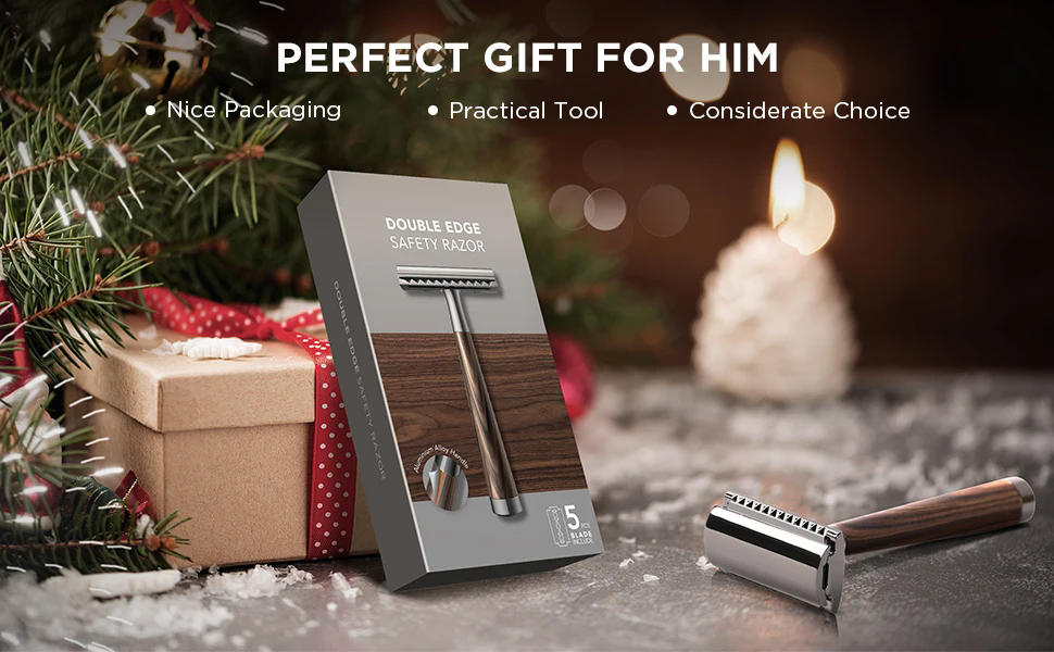 Double Edge Safety Razor, Faux Wood Zinc Alloy Handle Razor with 5 Swiss Stainless Steel Blades, Heavy Duty Eco-Friendly Razor f