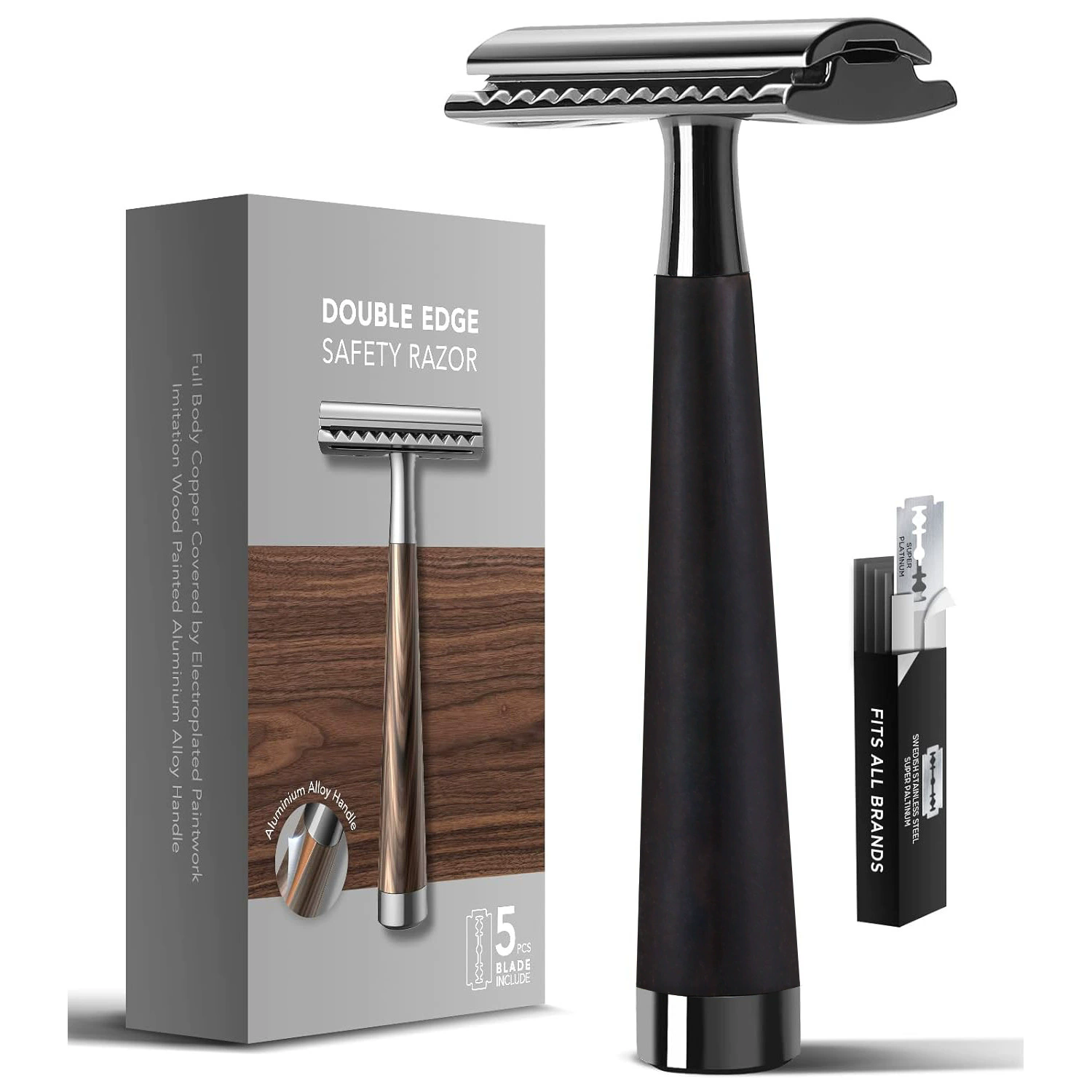 Double Edge Safety Razor, Faux Wood Zinc Alloy Handle Razor with 5 Swiss Stainless Steel Blades, Heavy Duty Eco-Friendly Razor f