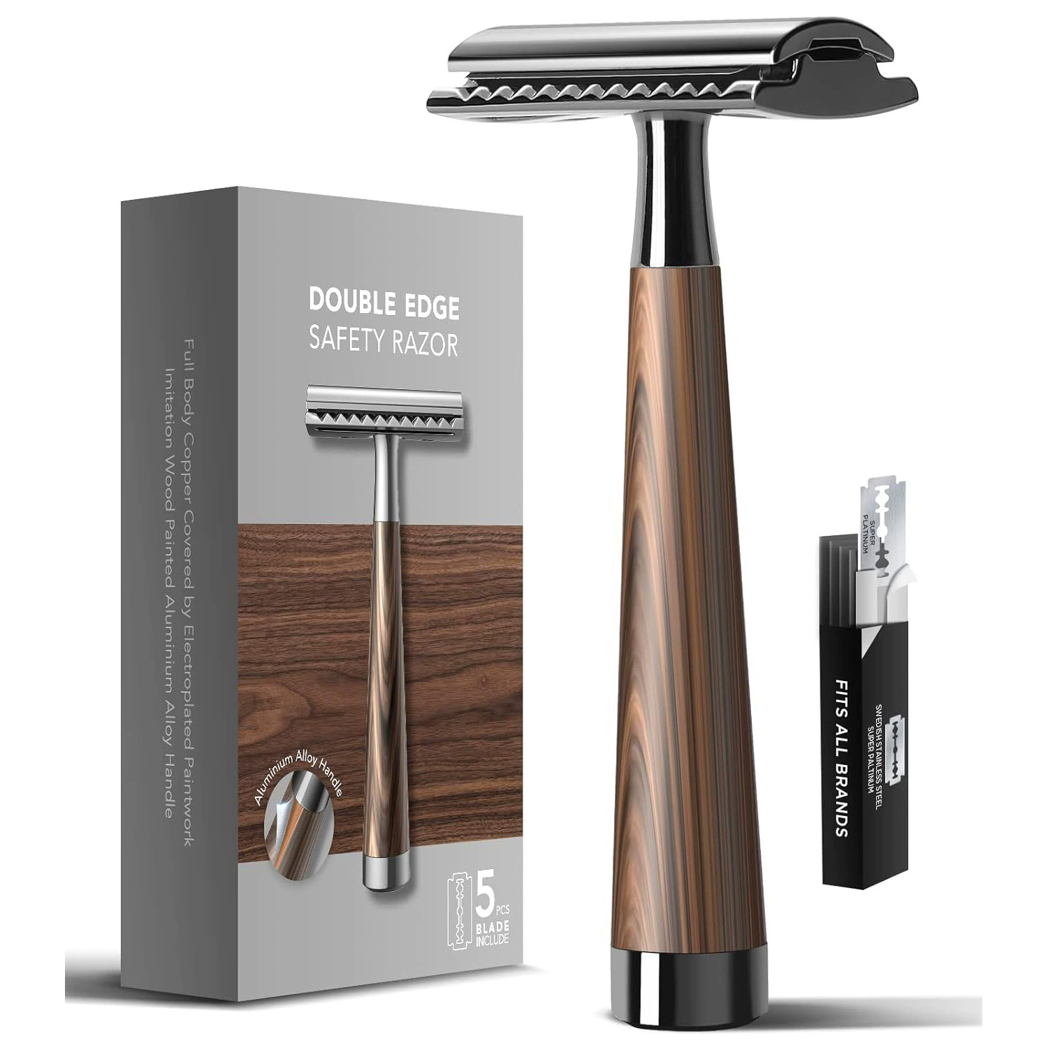 Double Edge Safety Razor, Faux Wood Zinc Alloy Handle Razor with 5 Swiss Stainless Steel Blades, Heavy Duty Eco-Friendly Razor f
