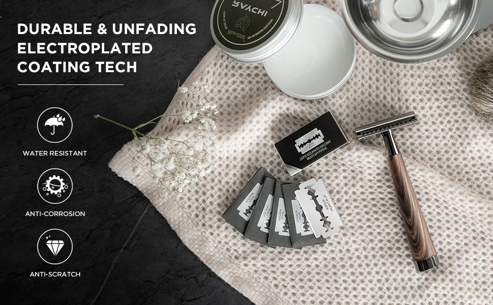 Double Edge Safety Razor, Faux Wood Zinc Alloy Handle Razor with 5 Swiss Stainless Steel Blades, Heavy Duty Eco-Friendly Razor f