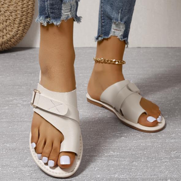Women Summer Sandals Comfy Ligh Flat Heel Clip-toe Slides Lady Casual Beach Slippers Fashion Belt Buckle Decor Woman Flip-flops