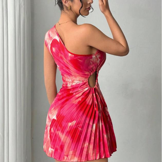 1PC    Summer Women's Dress Girl Style Tie-dye Off-shoulder Pleated High-waist Party Hip-pack Sexy Mini Skirt
