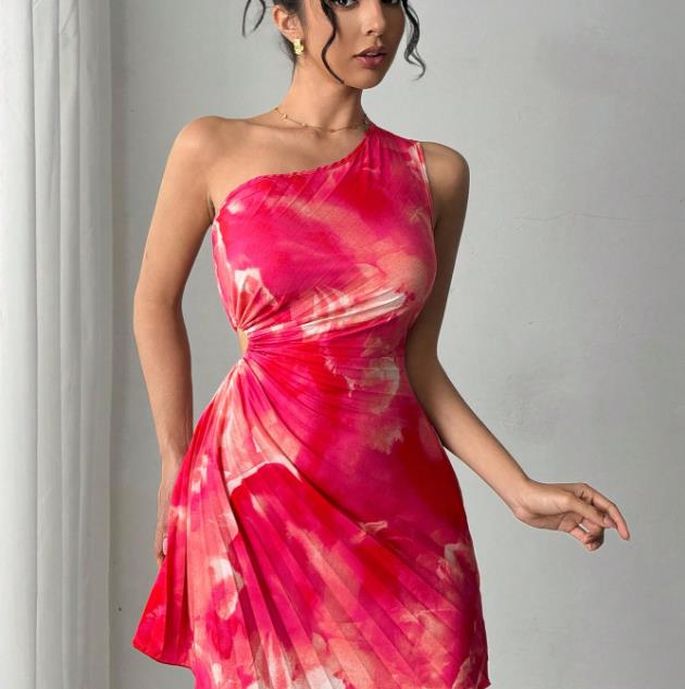 1PC    Summer Women's Dress Girl Style Tie-dye Off-shoulder Pleated High-waist Party Hip-pack Sexy Mini Skirt
