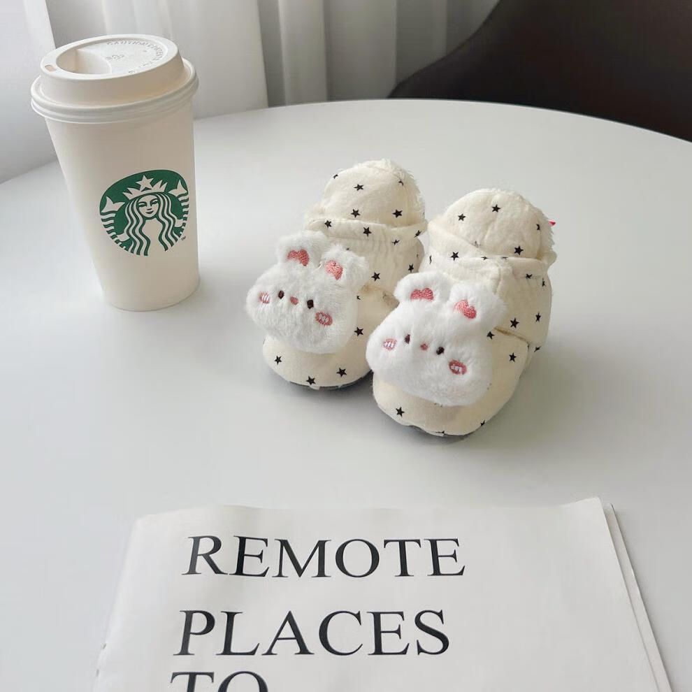 White baby shoes for autumn and winter, baby walking shoes with plush soft soles, winter shoes for infants and young children