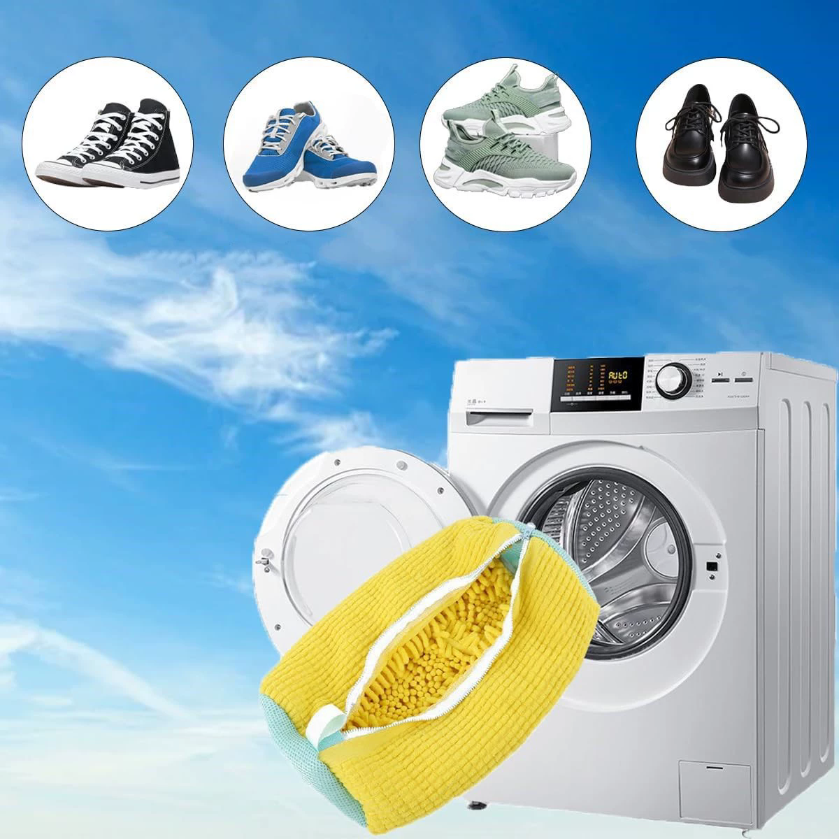 Durable Shoe Washing Machine Bag for All Shoe Types-Yellow with Blue Zipper,Ideal for Sneakers and Casual Shoes,Laundry Wash Bag