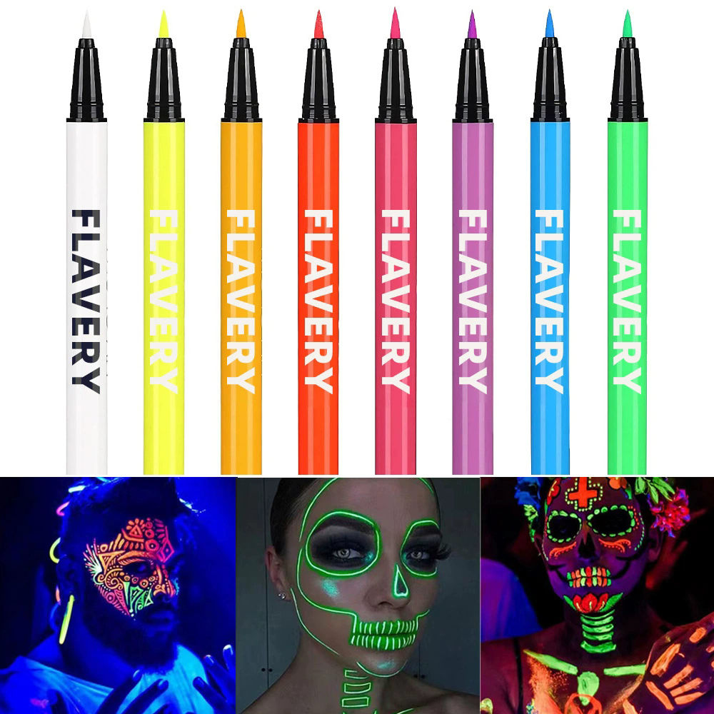 8-color fluorescent color UV eyeliner, waterproof and sweat-proof face paint pen,Halloween matte glowing neon liquid eyeliner B2-1068