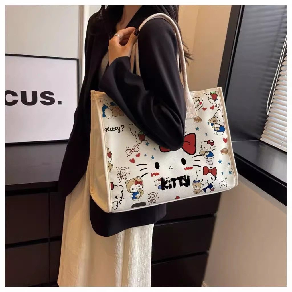 Hello Kitty Sanrio Y2K Tote Canvas Bag, Cute Canvasshoulder Bag, Cartoon Anime Handbag Forschool Work Travel Shopping School Bag