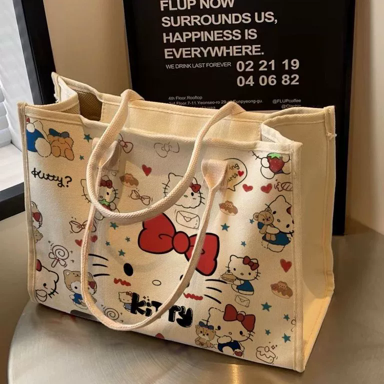 Hello Kitty Sanrio Y2K Tote Canvas Bag, Cute Canvasshoulder Bag, Cartoon Anime Handbag Forschool Work Travel Shopping School Bag