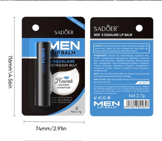 1PC   SADOER Men's Lip Balm Moisturizing Anti Cracking Repair Nourishing Hydrating Lipstick Men Lips Skin Care ProductsB2-1056