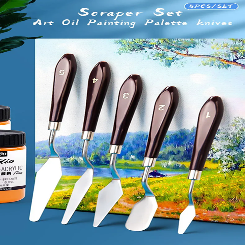5PCS  Stainless Steel Palette Knife Set for Artists Oil Painting Mixed Scraper Crafts Spatula Art Supplies with Wooden Handle