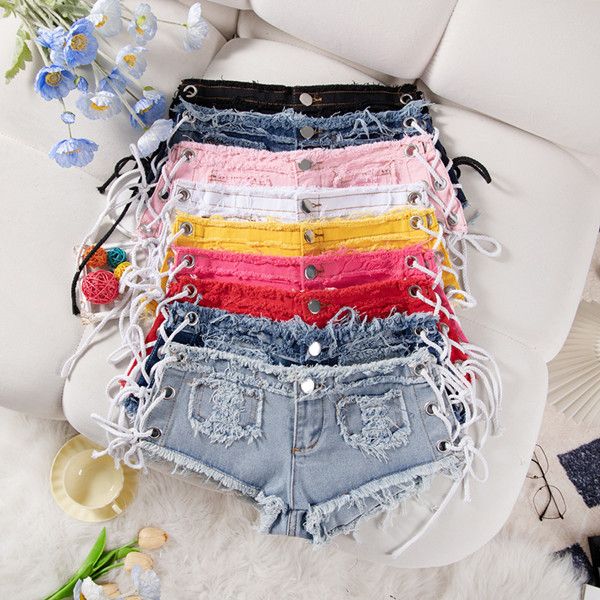 1PC    Women Denim Ripped Shorts Sexy Low Waist Jeans Female Summer Denim Knotted Band Mini Shorts Dj Club Party Hotpants