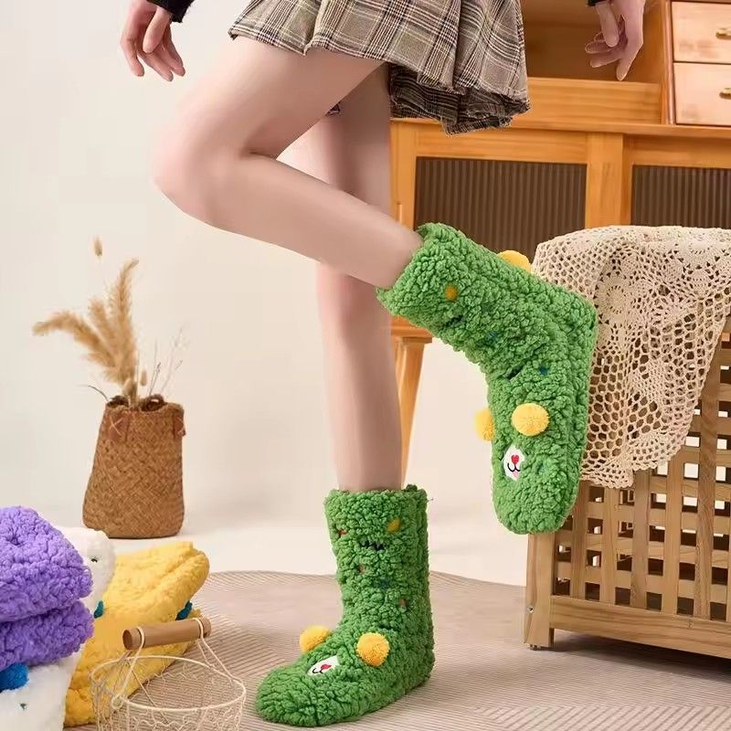 Fluffy Socks for Adult Mid-calf Women's Soft Non-Slip Slipper Sock Plush Cartoon Christmas Sock Warm Home Sox Floor Socks