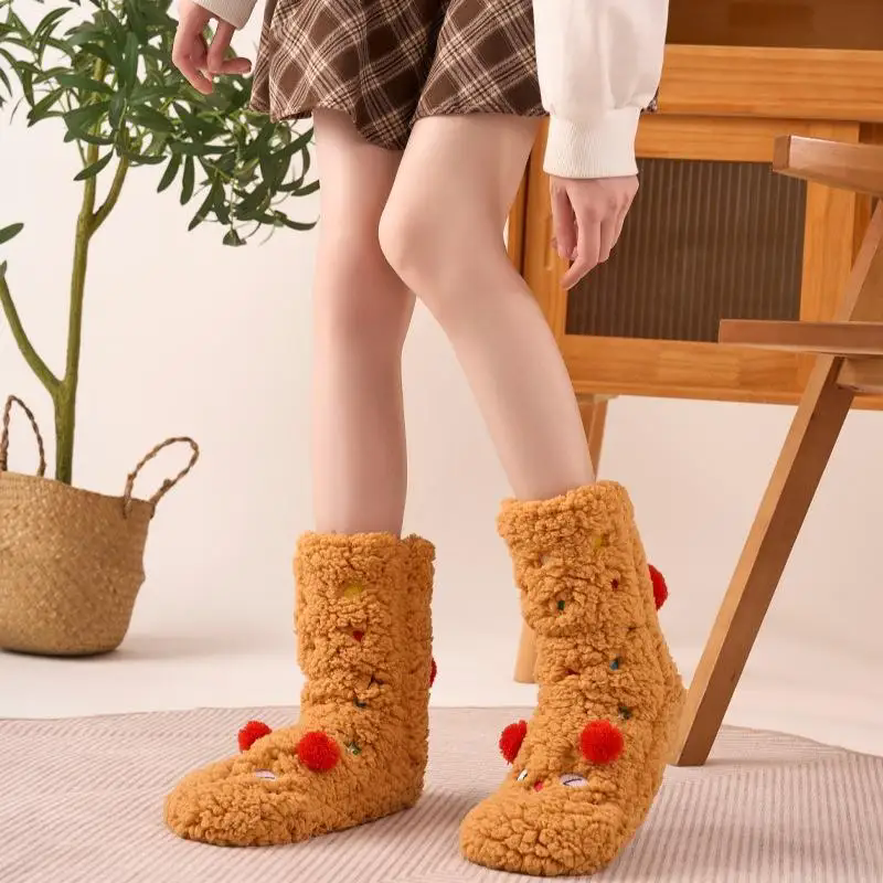 Fluffy Socks for Adult Mid-calf Women's Soft Non-Slip Slipper Sock Plush Cartoon Christmas Sock Warm Home Sox Floor Socks