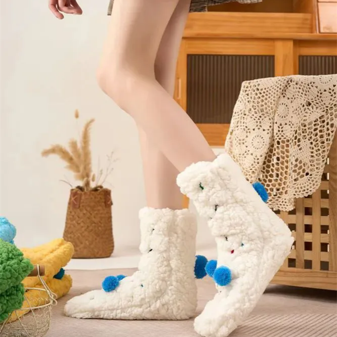 Fluffy Socks for Adult Mid-calf Women's Soft Non-Slip Slipper Sock Plush Cartoon Christmas Sock Warm Home Sox Floor Socks
