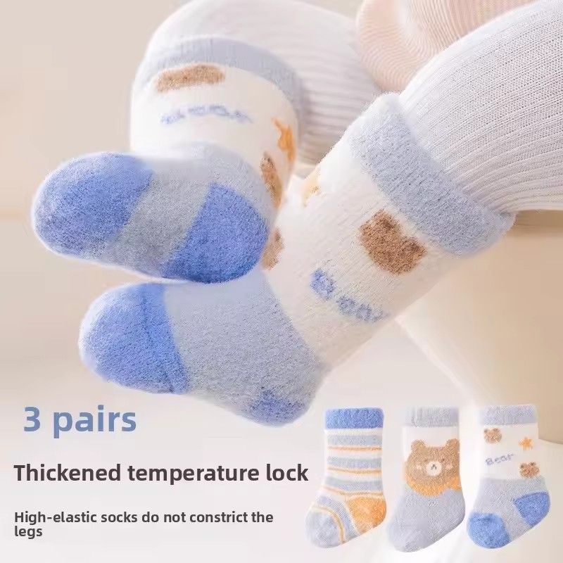 3 Pairs Kids Winter Socks Cute Cartoon Bear Rabbit Thick Plush Warm Middle Tube Socks for Boy Girl Newborn Anti-Cold Sleep Socks