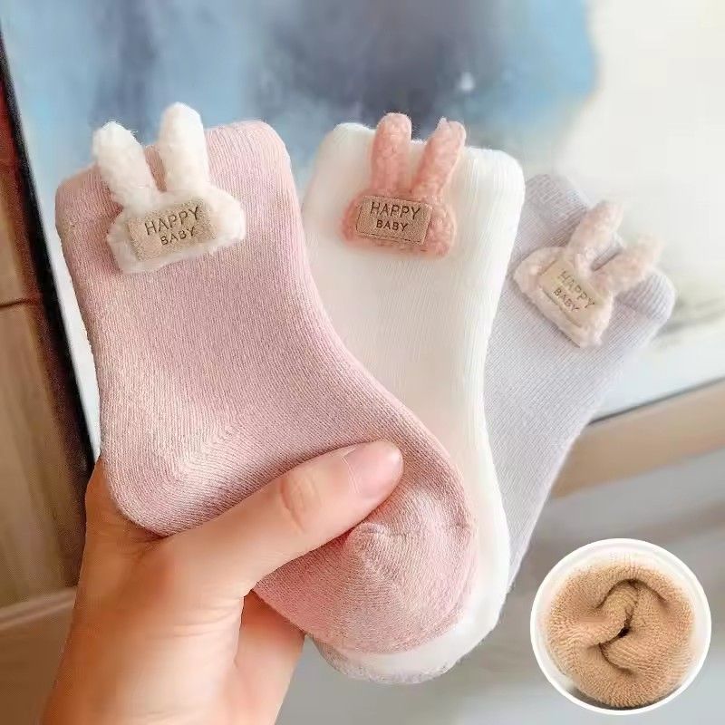 3 Pairs Kids Winter Socks Cute Cartoon Bear Rabbit Thick Plush Warm Middle Tube Socks for Boy Girl Newborn Anti-Cold Sleep Socks