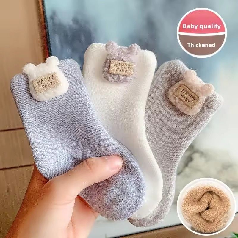 3 Pairs Kids Winter Socks Cute Cartoon Bear Rabbit Thick Plush Warm Middle Tube Socks for Boy Girl Newborn Anti-Cold Sleep Socks