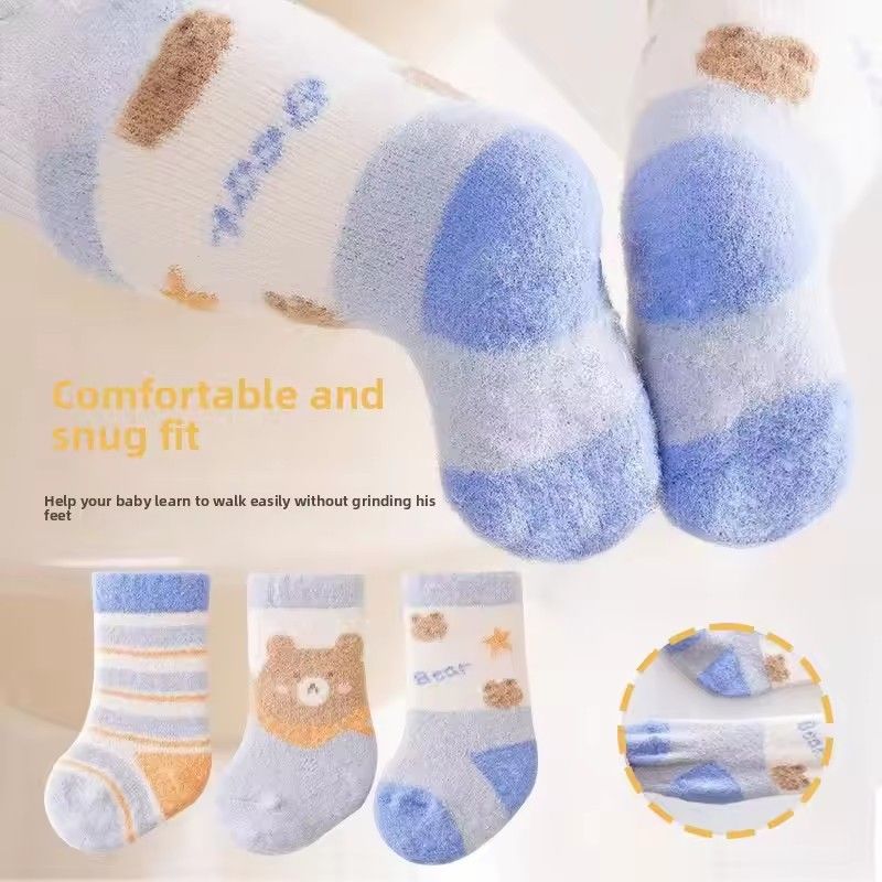 3 Pairs Kids Winter Socks Cute Cartoon Bear Rabbit Thick Plush Warm Middle Tube Socks for Boy Girl Newborn Anti-Cold Sleep Socks