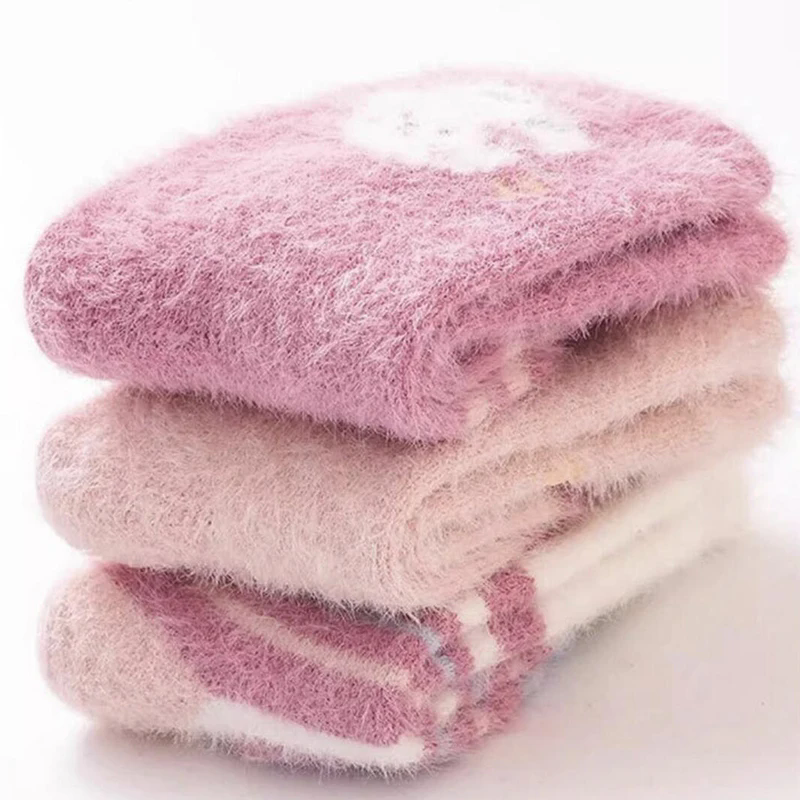 3 Pairs Kids Winter Socks Cute Cartoon Bear Rabbit Thick Plush Warm Middle Tube Socks for Boy Girl Newborn Anti-Cold Sleep Socks