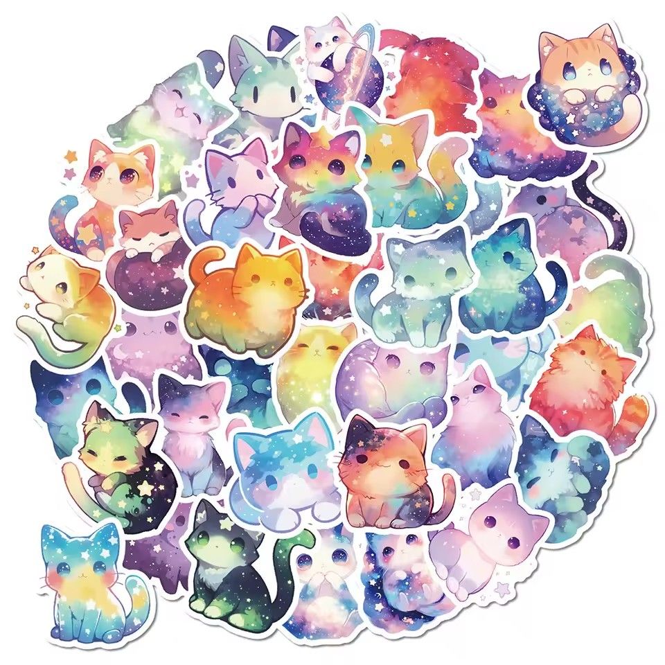 50PCS   Dream Star Cat Sticky PVC Sticker Aesthetic Stationery DIY Decoration Scrapbooking School Supplies for Kids