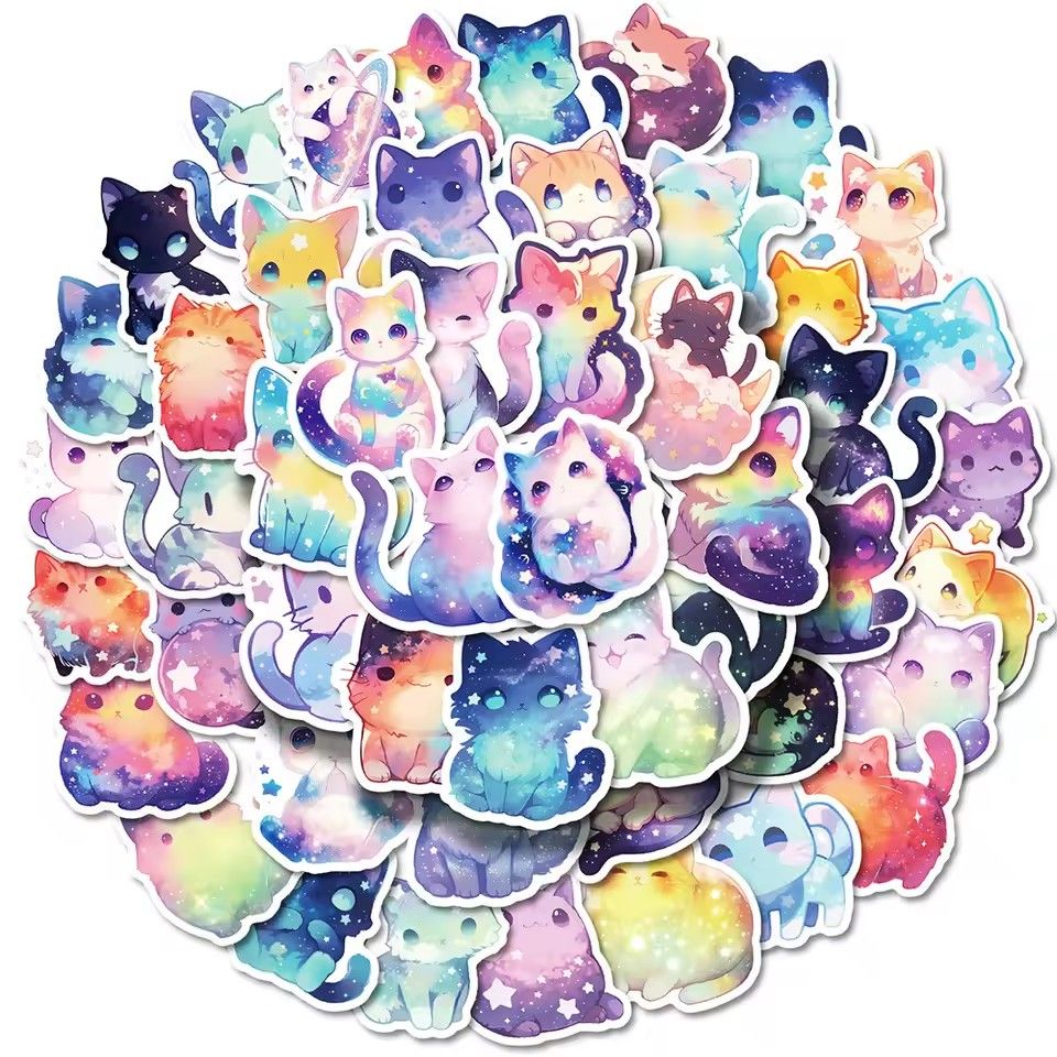 50PCS   Dream Star Cat Sticky PVC Sticker Aesthetic Stationery DIY Decoration Scrapbooking School Supplies for Kids