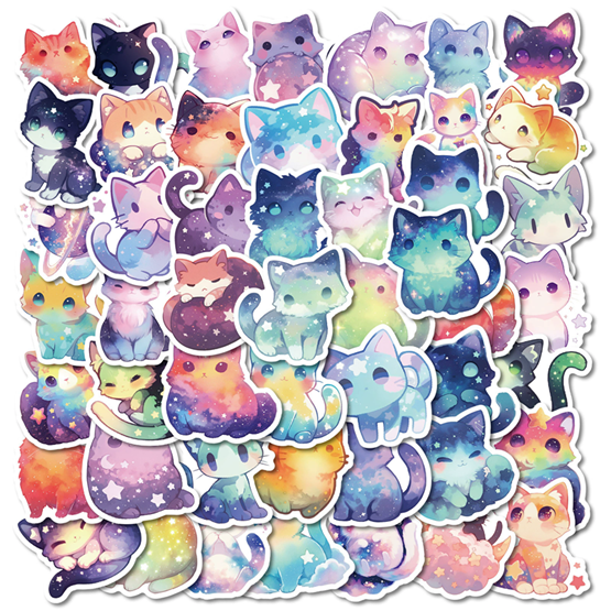 50PCS   Dream Star Cat Sticky PVC Sticker Aesthetic Stationery DIY Decoration Scrapbooking School Supplies for Kids
