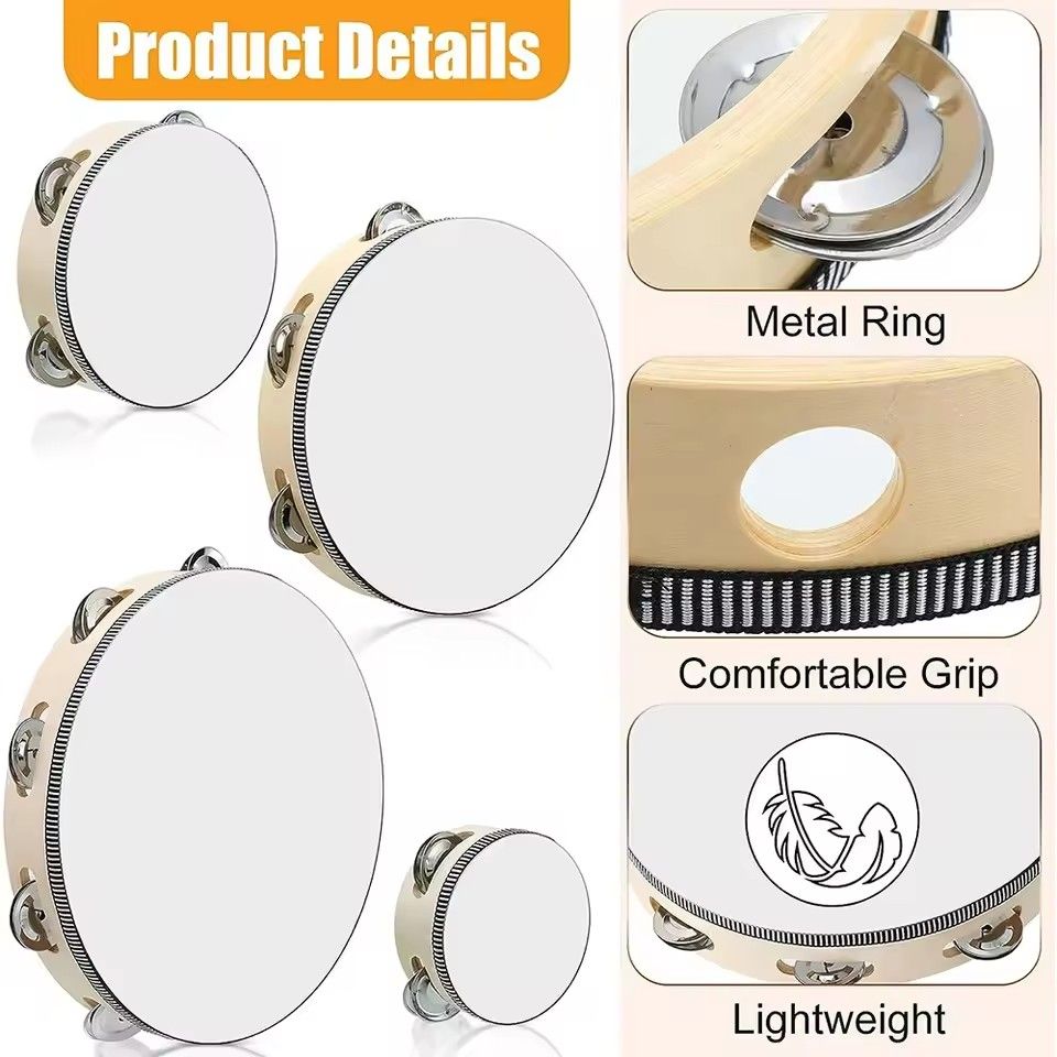 1Pc Wooden Tambourine 8/10-Inch Beige Rim with Metal Jingles Musical Educational Percussion Instrument for Concert Church Pa