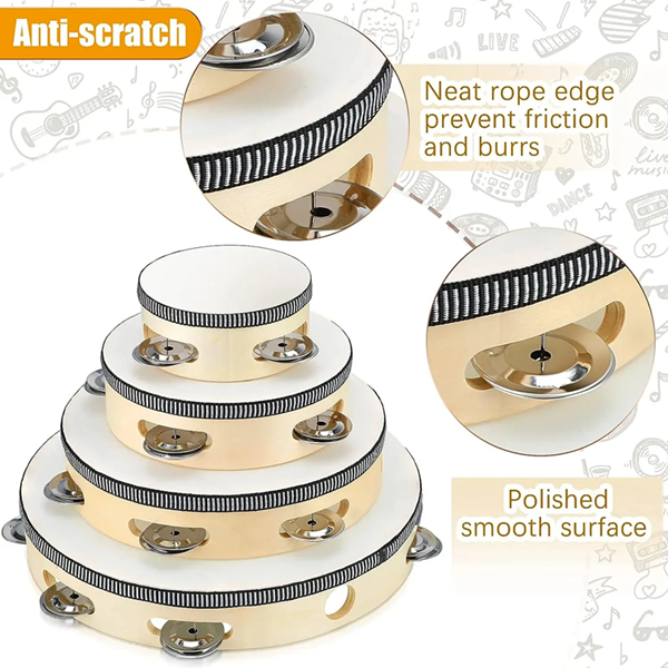 1Pc Wooden Tambourine 8/10-Inch Beige Rim with Metal Jingles Musical Educational Percussion Instrument for Concert Church Pa