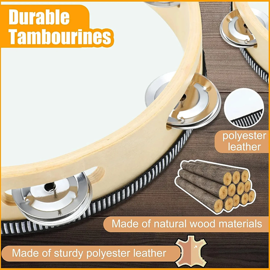 1Pc Wooden Tambourine 8/10-Inch Beige Rim with Metal Jingles Musical Educational Percussion Instrument for Concert Church Pa