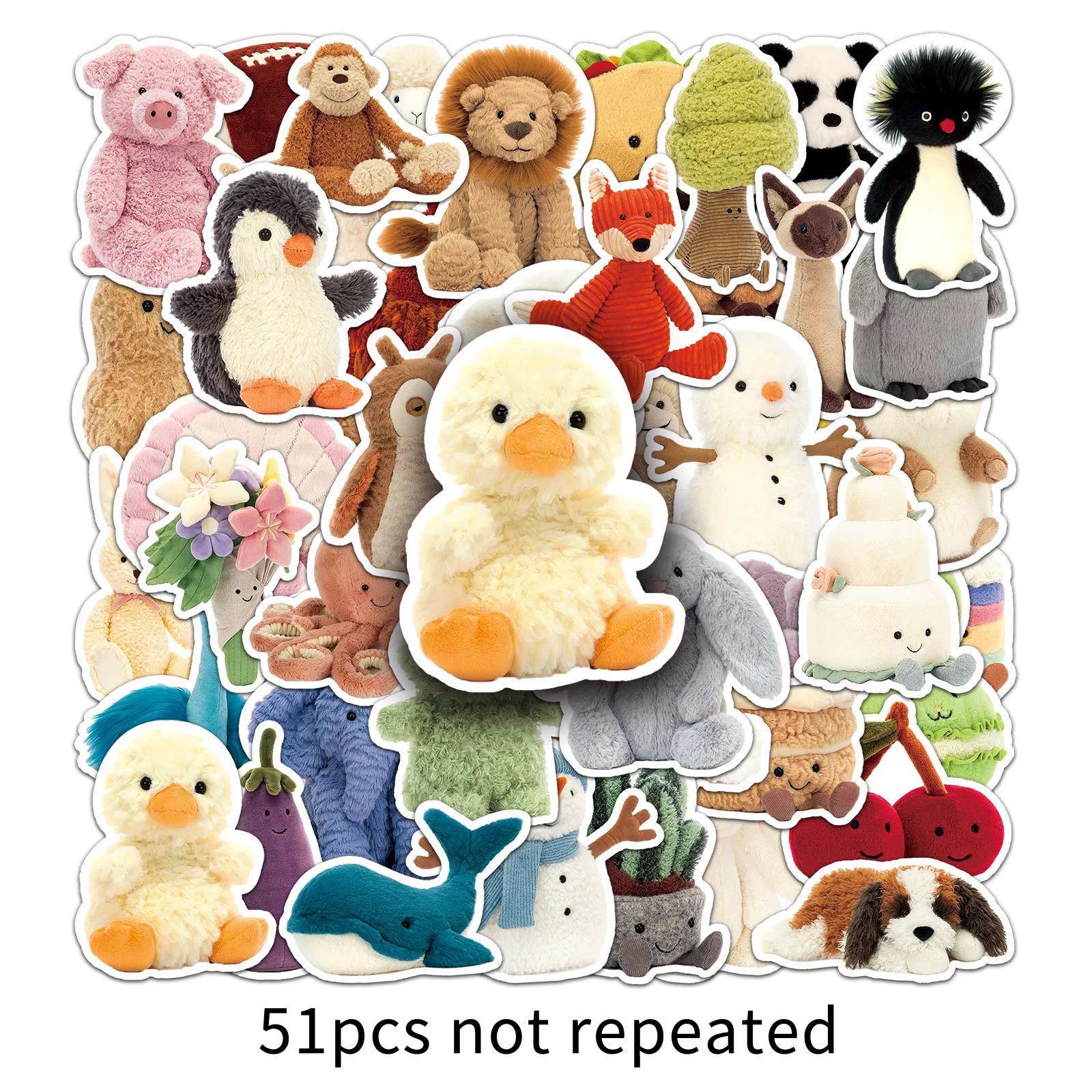 51PCS   Cute Doll Plush Rabbit Bear Penguin Cartoon Stickers Waterproof Decorative Luggage Laptop Phone Scrapbook Sticker
