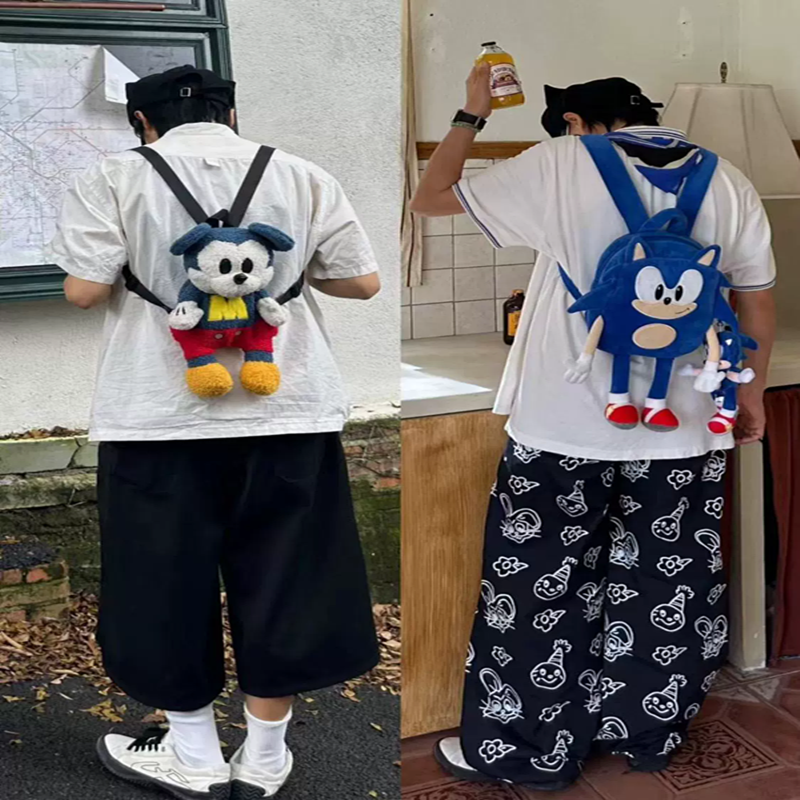 2025 new Sonic X Mickey plush backpack for female college students, casual daily cartoon backpack