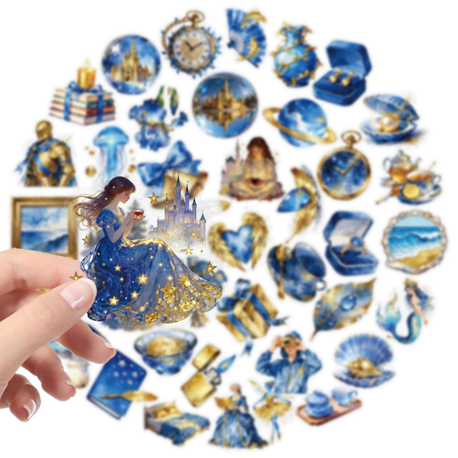 56PCS     Transparent Golden Blue Aesthetic Graffiti Stickers Cool Waterproof Decals DIY Luggage Stationery Decoration Sticker