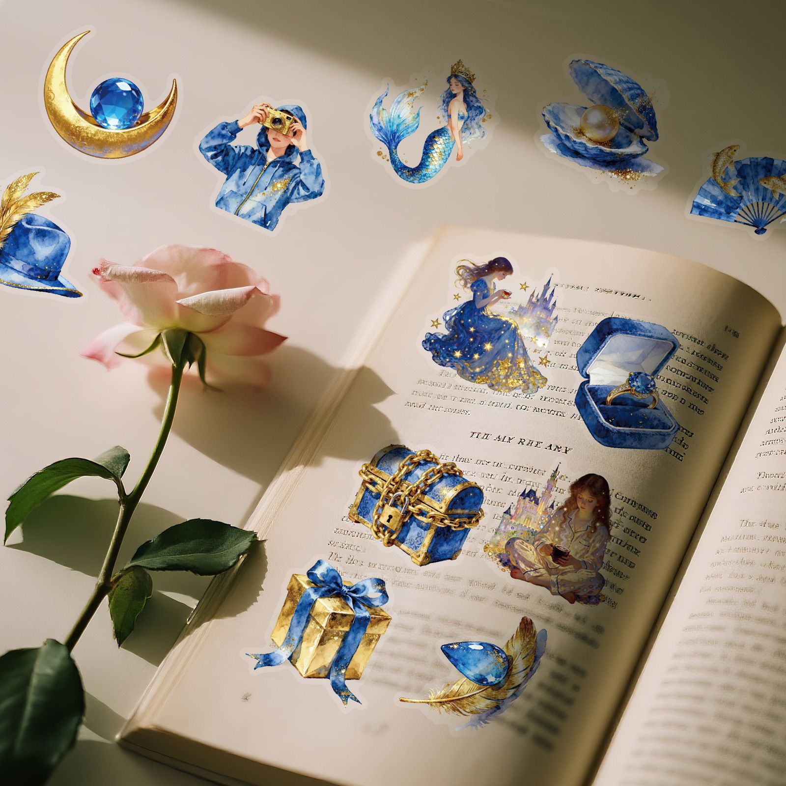 56PCS     Transparent Golden Blue Aesthetic Graffiti Stickers Cool Waterproof Decals DIY Luggage Stationery Decoration Sticker