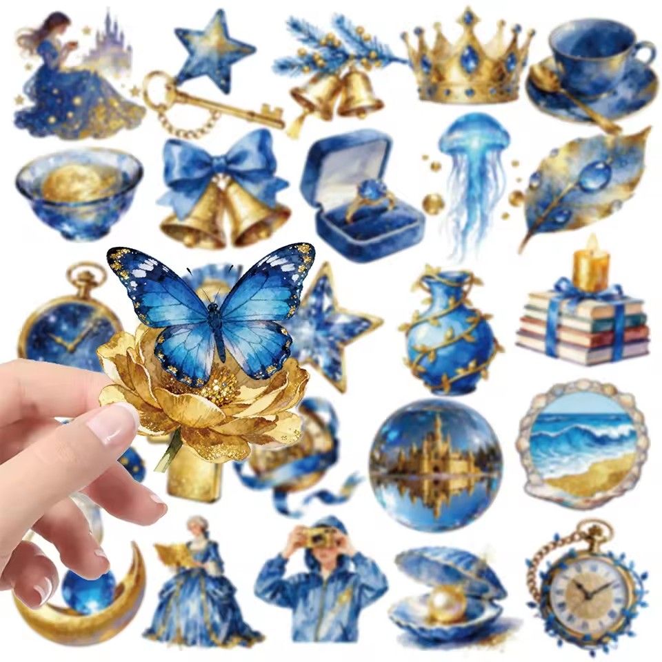 56PCS     Transparent Golden Blue Aesthetic Graffiti Stickers Cool Waterproof Decals DIY Luggage Stationery Decoration Sticker