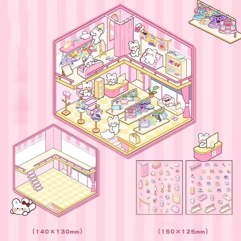 1Pcs  Creative 3D Simulation Cabin Stickers Cute Cartoon Handmade DIY Landscaping Stickers Scene Stacking Pasting Stickers