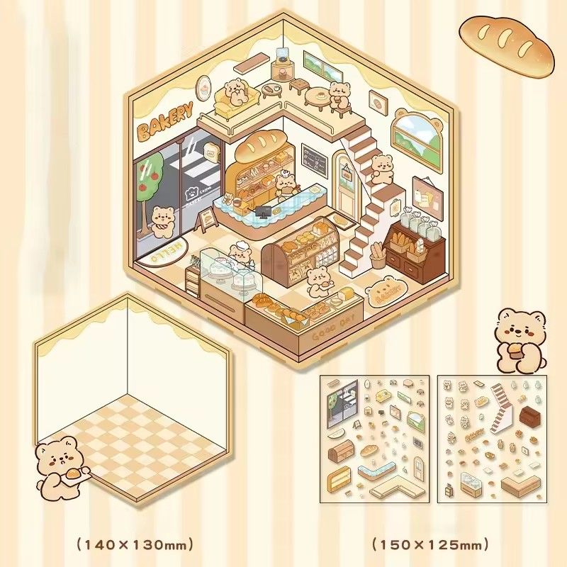 1Pcs  Creative 3D Simulation Cabin Stickers Cute Cartoon Handmade DIY Landscaping Stickers Scene Stacking Pasting Stickers