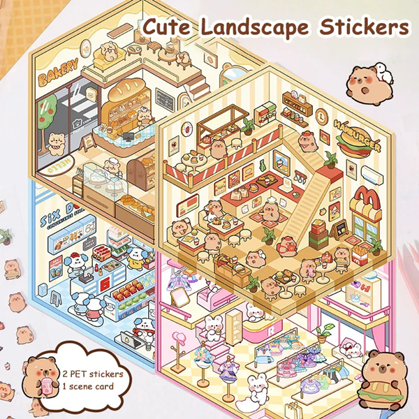 1Pcs  Creative 3D Simulation Cabin Stickers Cute Cartoon Handmade DIY Landscaping Stickers Scene Stacking Pasting Stickers