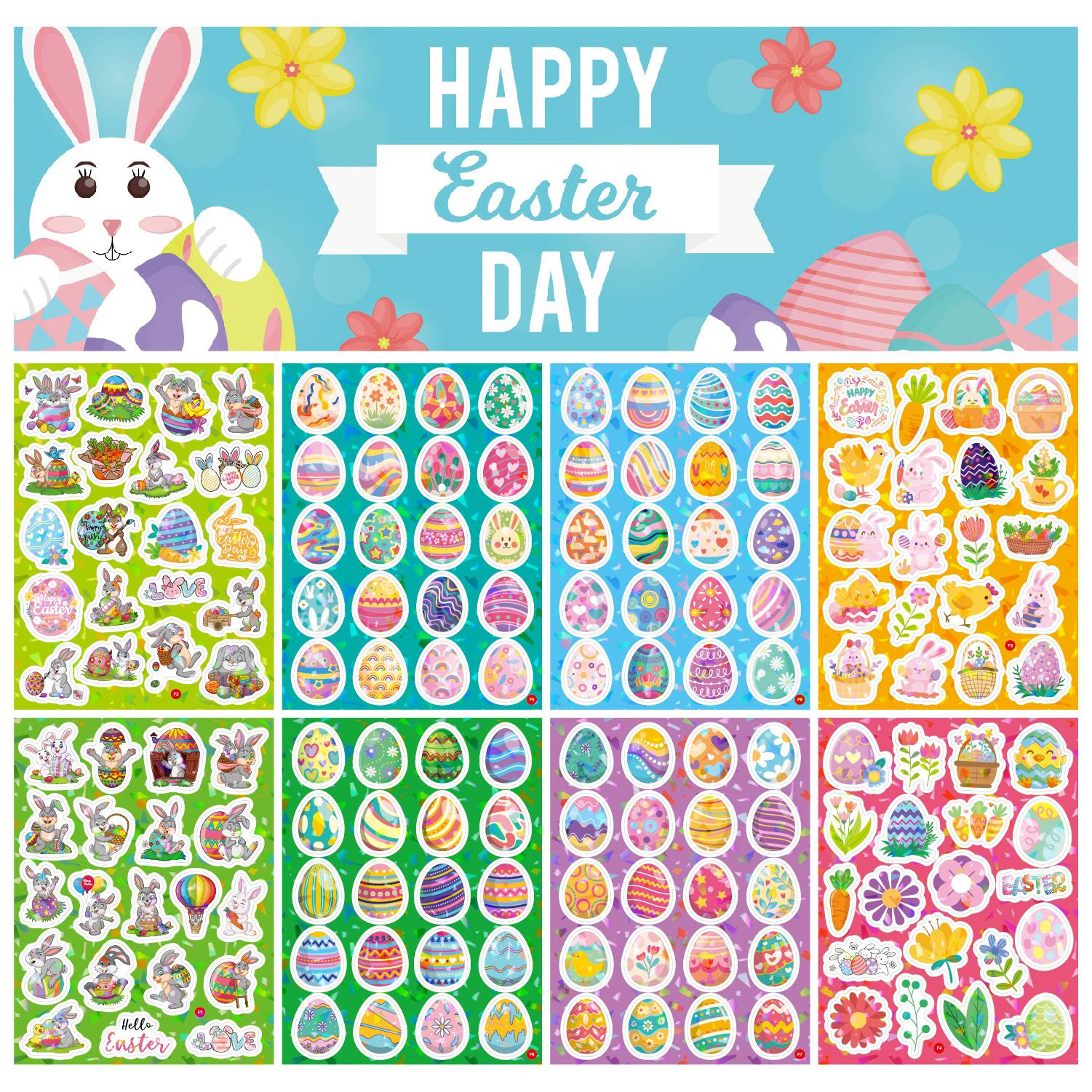 160PCS   Easter Stickers Laser Flash Easter Egg Bunny Stickers Removable Vinyl Sticker for Party Christmas Halloween Decor