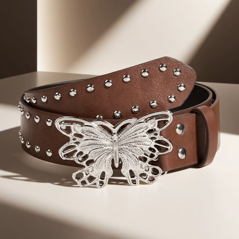 Indie Aesthetic 2000s Rivet Pink Belt with Butterfly Punk Metal Buckle Belt Luxury Fashion Waistband Jeans Pants Decor Y2k Belt