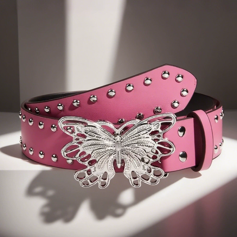 Indie Aesthetic 2000s Rivet Pink Belt with Butterfly Punk Metal Buckle Belt Luxury Fashion Waistband Jeans Pants Decor Y2k Belt