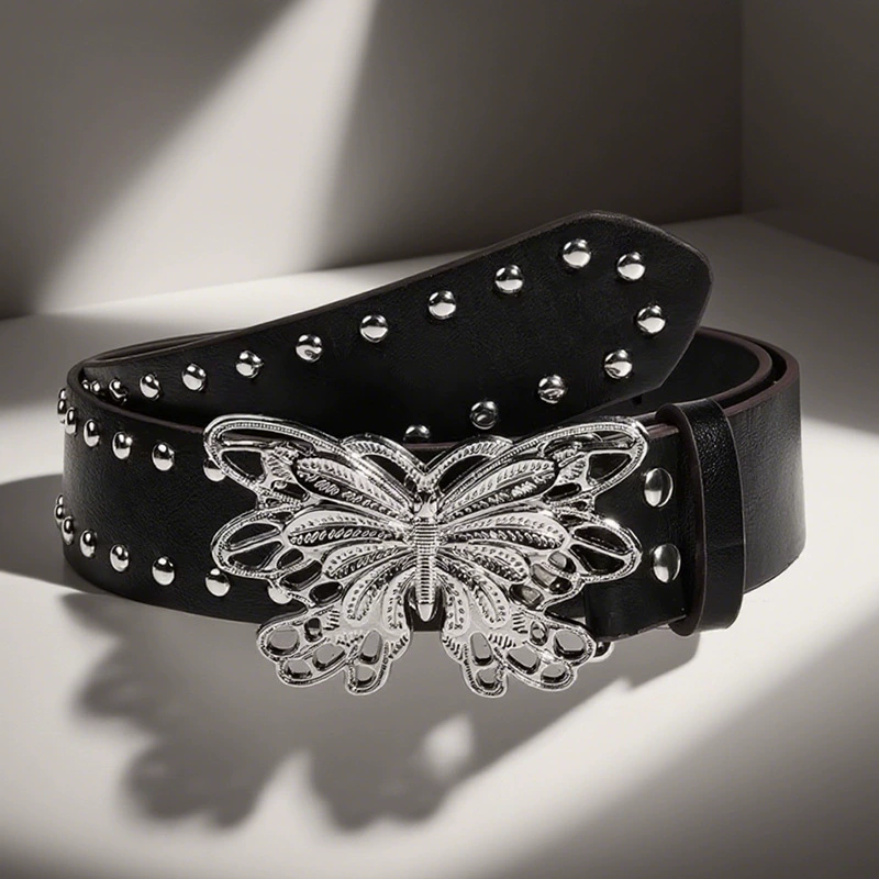 Indie Aesthetic 2000s Rivet Pink Belt with Butterfly Punk Metal Buckle Belt Luxury Fashion Waistband Jeans Pants Decor Y2k Belt