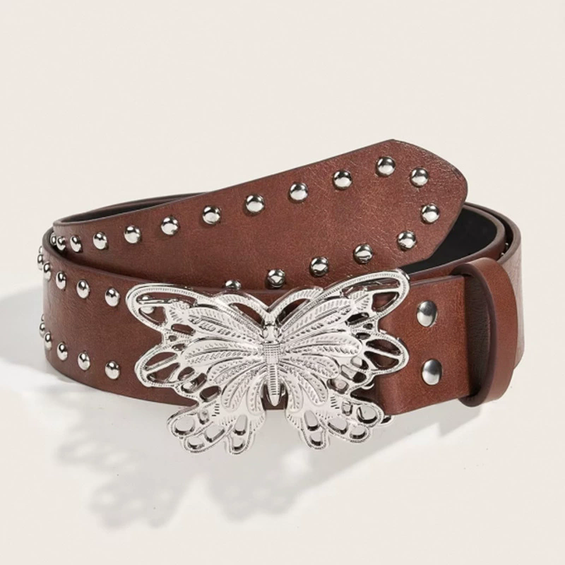 Indie Aesthetic 2000s Rivet Pink Belt with Butterfly Punk Metal Buckle Belt Luxury Fashion Waistband Jeans Pants Decor Y2k Belt