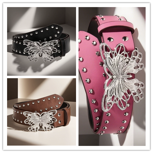 Indie Aesthetic 2000s Rivet Pink Belt with Butterfly Punk Metal Buckle Belt Luxury Fashion Waistband Jeans Pants Decor Y2k Belt