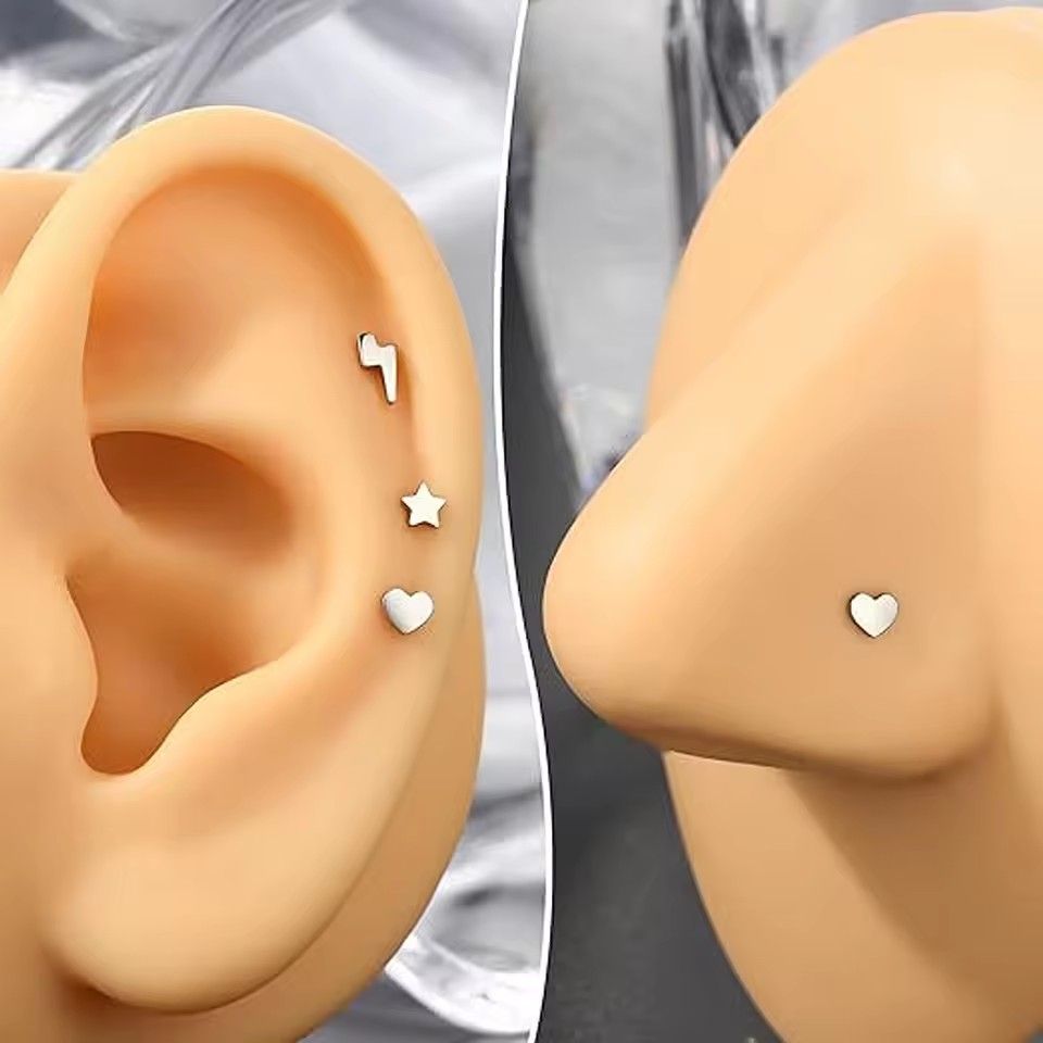 7 Pcs F136 Titanium Earrings Pentagram Heart Cross Lightning Bolt Internal Thread  Nose Stud Lip Stud Body Piercing Jewelry