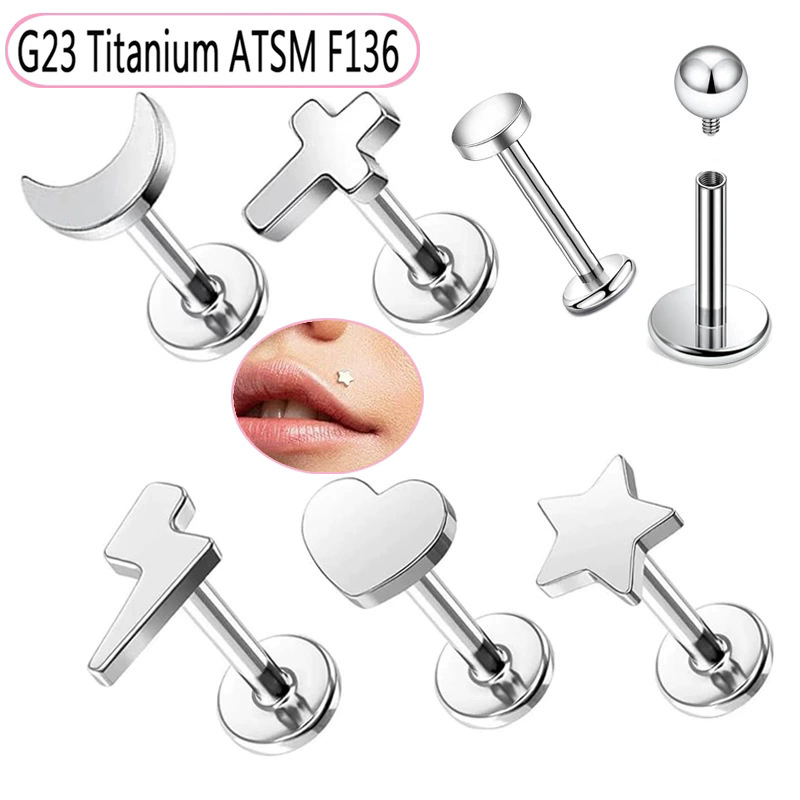 7 Pcs F136 Titanium Earrings Pentagram Heart Cross Lightning Bolt Internal Thread  Nose Stud Lip Stud Body Piercing Jewelry