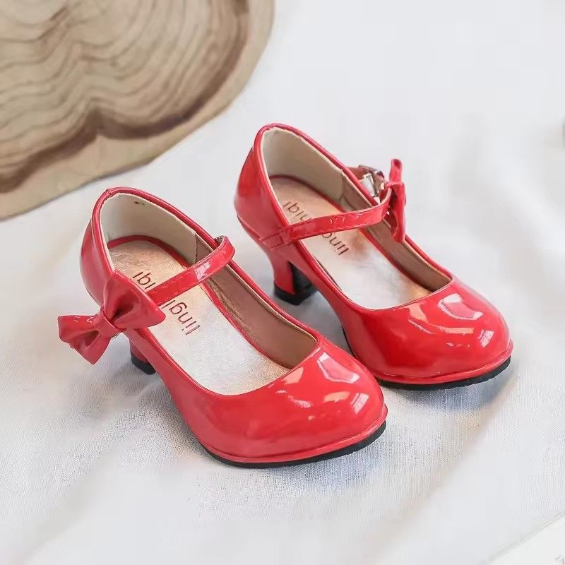 Fashion Girls High Heels Glossy Bowtie Kids Leather Shoe Spring Autumn Children Causal Princess Dress Shoes for Evening Party